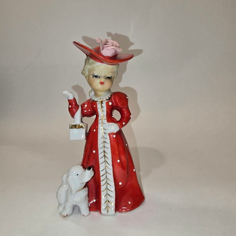 Vintage Ceramic Lady Figurine Red Polka Dot Dress Poodle Dog Pink Rose No. 205
